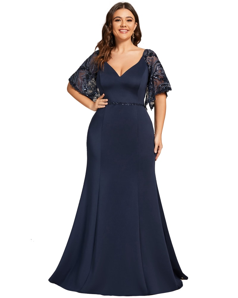 Front of a model wearing a size 22 Sexy V Neck Maxi Bodycon Evening Dress with Flare Sleeves in Navy Blue by Ever-Pretty. | dia_product_style_image_id:290092